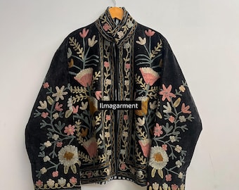 Black Velvet Floral Embroidered Boho Jacket, Handmade Kantha Stitch