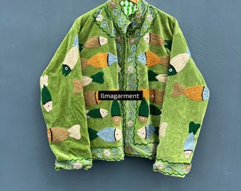 Embroidered Suzani Bomber Jacket: Uzbek Green Fish Spring Coat