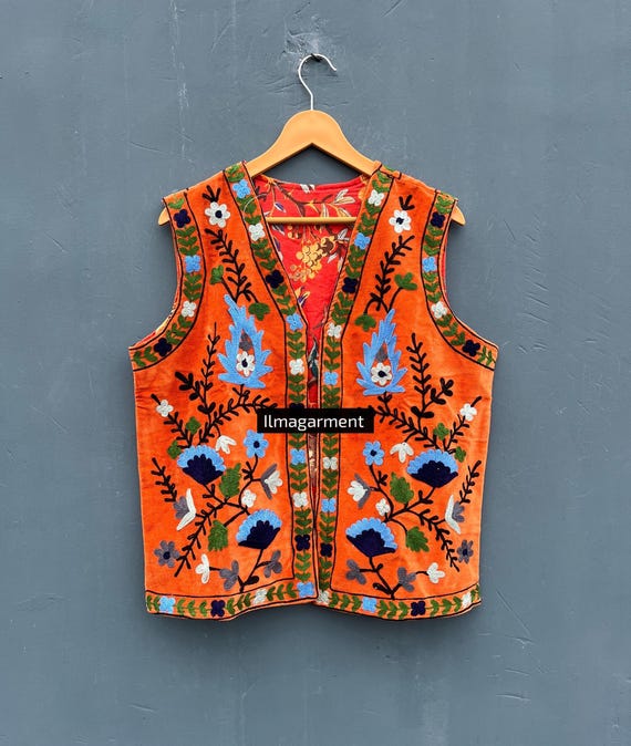 Orange Velvet Suzani Vest: Embroidered Bohemian Waistcoat - Etsy