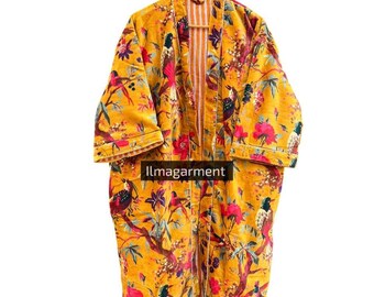 Yellow Bird Print Velvet Kimono Robe: Boho Duster Coat