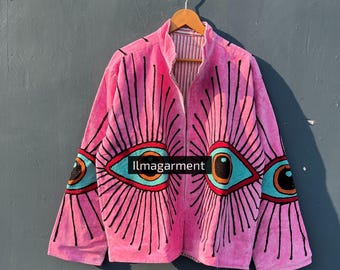 Ręcznie haftowana aksamitna kurtka All-Seeing Eye w intensywnym różowym stylu boho na festiwal