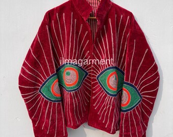 Eye Embroidery Jacket Coat, Handmade Winter Jacket With Two Side Pockets, Boho Chic Jacket, Women's Casual Jacket, Unisex Party Wear Coat,