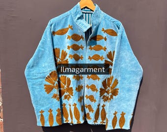Blue Velvet Suzani Embroidered Jacket, Bohemian Winter Coat