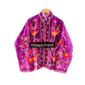indian Velvet Short Kimono Embroidery Coat Women Wear Jacket Suzani Stylish Layer, Inside Lining, Festival Clothing Gift For her,