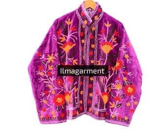 Velvet Suzani Kimono Jacket: Embroidered Indian Cotton Coat