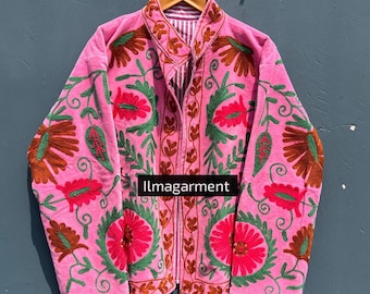 Boho Velvet Suzani Jacket: Hand-Embroidered Floral Duster Coat
