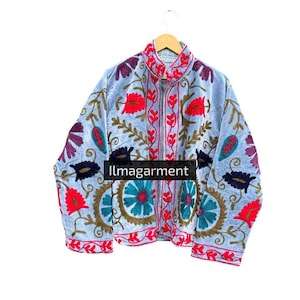 suzani Velvet Short Kimono Embroidery Coat Indian Style Coat Women&#39;s Boho Ethnic Wear Stylish Layer, Festival Clothing Gift For her,
