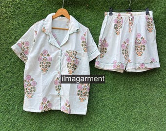 Indian hand block cotton pajama set ,Luxury Women&#39;s Pajama Set woman and man fashion short pajama set, soft Summer Night Suit, Gift for her,
