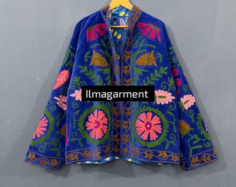 Hand Embroidered Cotton Suzani Jacket: Indian Kantha Coat