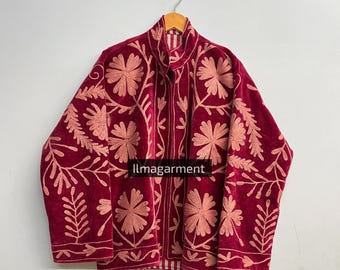 Handmade Indian Embroidered Velvet Jacket – Maroon Floral Aari Work Luxury Handcrafted Kashmiri Embroidered Maroon with Peach Jacket,