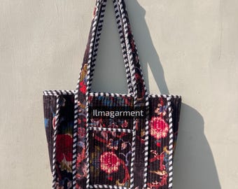 Bolso tote de terciopelo acolchado a mano: bolso para portátil con estampado de bloques de algodón