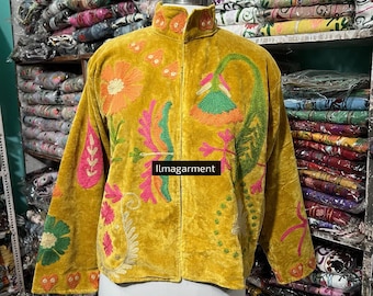 Sujani Embroidered Velvet Jacket for Boho Winter Outfits Suzani Style, Festival Outerwear
