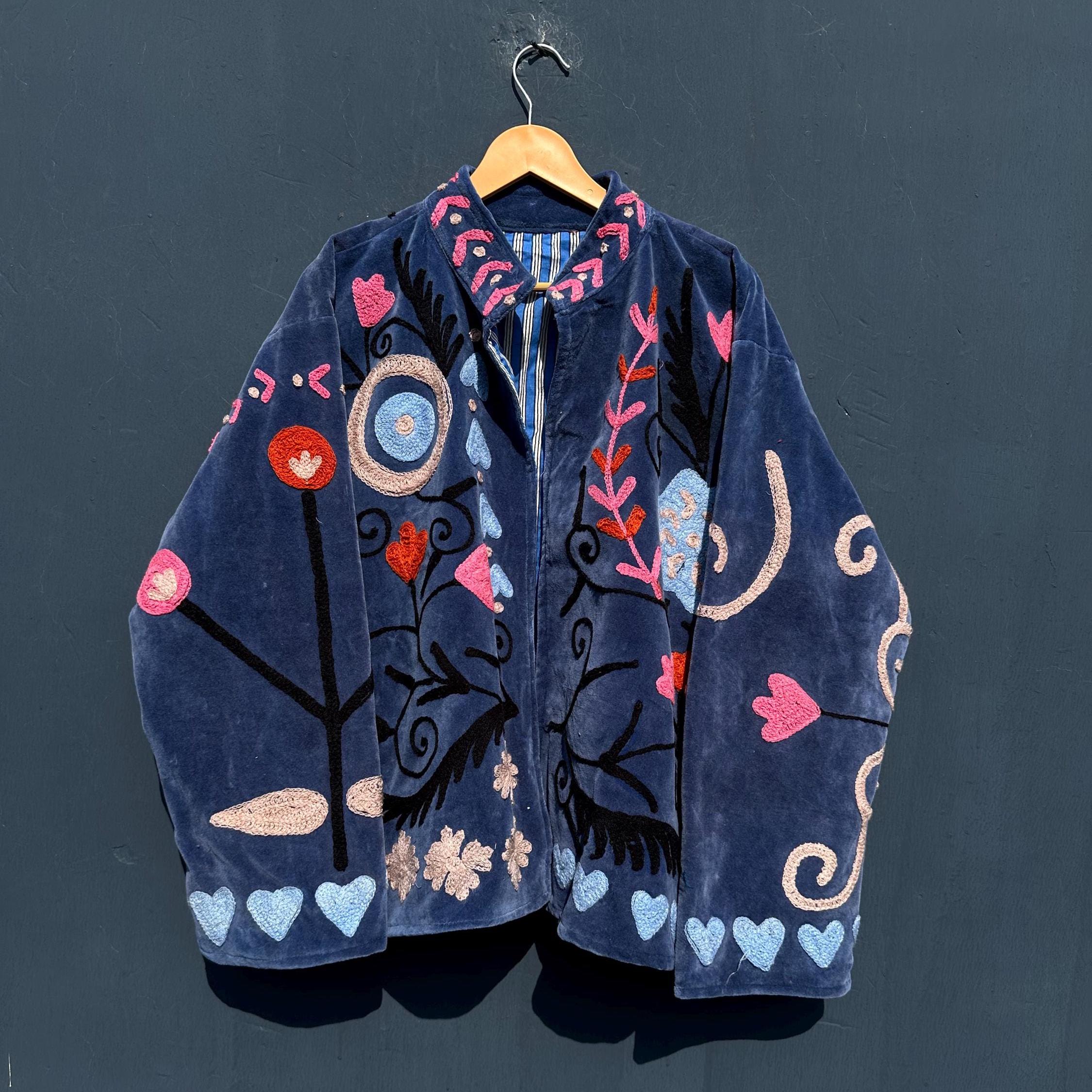 ヴィンテージ手刺繍ベルベットジャケット：ボヘミアン風フォークアート