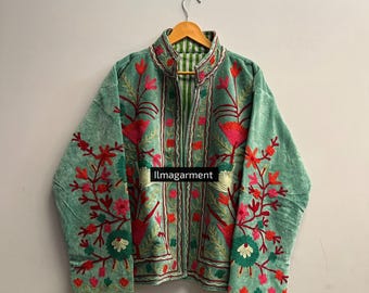 Giacca ricamata in velluto Suzani fatta a mano, cappotto floreale boho