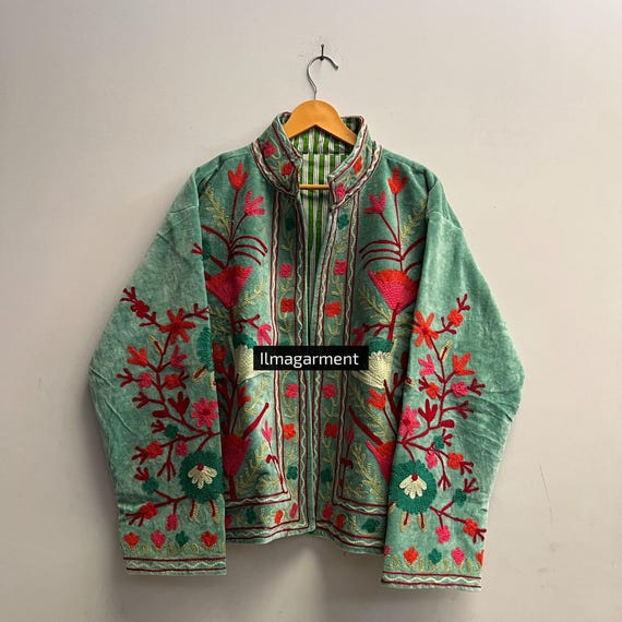 Handmade Velvet Suzani Embroidered Jacket, Boho Floral Coat