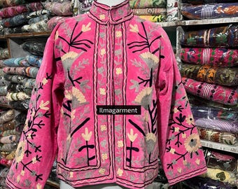 レディースコットンスザニベルベットピンクジャケット：ハンドメイド