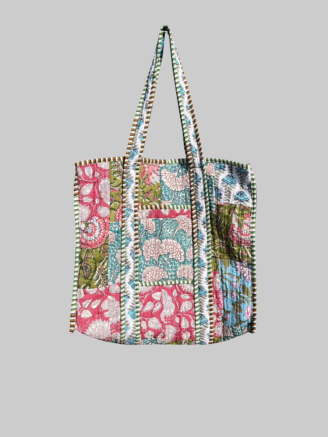 Hand Stitched Cotton Tote Bag: Patchwork Quilted Shoulder Bag
