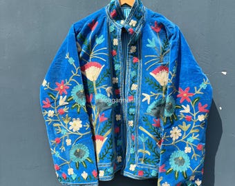 Vintage Hand Embroidered Velvet Jacket: Blue Bohemian Floral Cotton