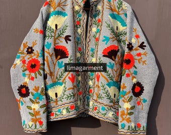 Hand Stitched Cotton Suzani Jacket, Wool Embroidery, Uzbek Overcoat