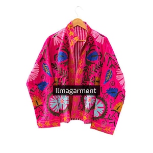 Pink Valvet Suzani Floral Short Jacket Boho Ethnic Wear Stylish Layer, Festival Gift  her, Uzbek Flowers Embroidery Jacket Coat, girls gift