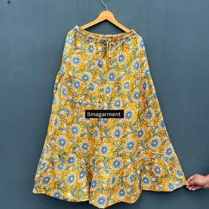 Indian Hand block Printed Long Skirt, Layered Yellow Skirt Dress For Women, Two side pocket Skirt, Handmade Tiered Skirt, Gifts for Sister,