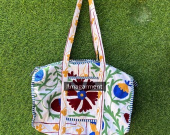 Bolso de mano de algodón con bordado floral hecho a mano: bolso de hombro hippie