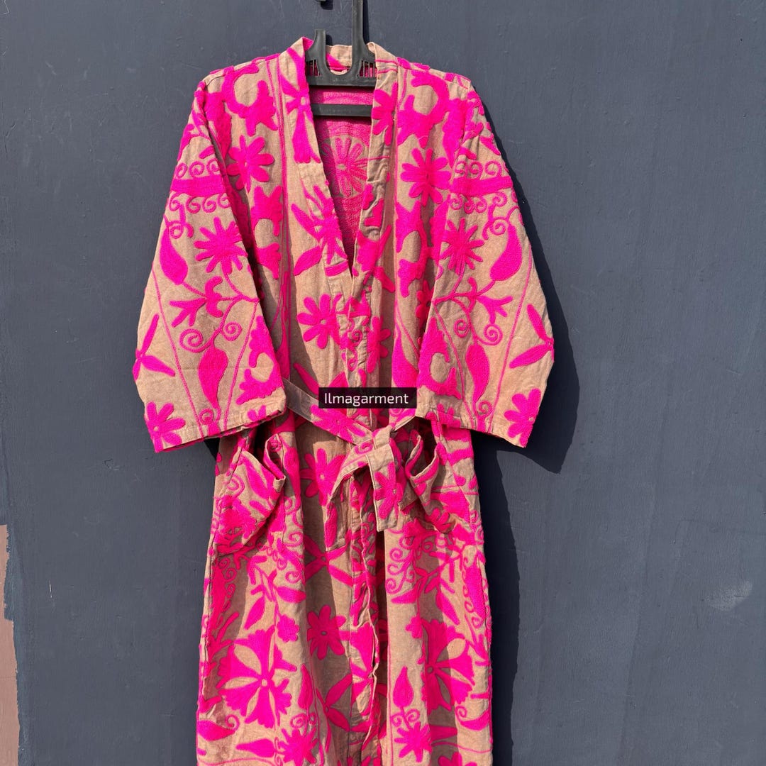 Hot Pink Floral Embroidered Cotton Kimono Robe Boho Pink Hand ...