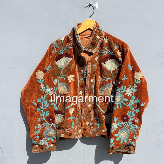 Velvet Suzani Embroidered Jacket: Handmade Floral Vintage Coat - Etsy