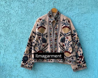 Handmade Suzani Embroidered Cotton Jacket: Indian Floral Robe