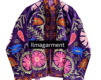 Handmade Suzani Velvet Bomber Jacket: Embroidered Floral Duster Coat
