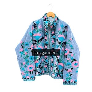 Velvet suzani Short Kimono Embroidery Coat Indian Style Coat Women&#39;s Boho Ethnic Wear Stylish Layer, Festival Clothing Gift For her,