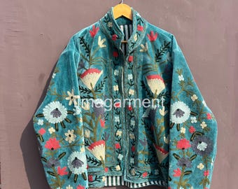 Teal Velvet Embroidered Jacket, Uzbek Boho Coat, Handmade
