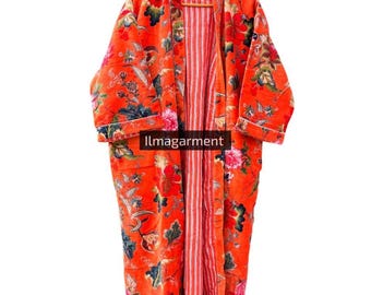 Orange Floral Print Velvet Kimono Robe: Boho Festival Duster