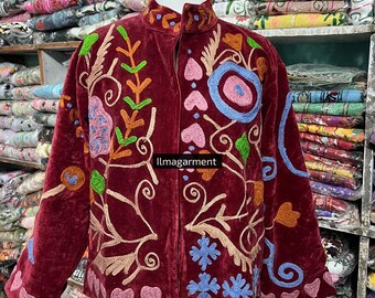 Vintage Velvet Jacket with Suzani Embroidery,  Handmade Boho Festival Coat, Artistic Statement Outerwear, Unique Bohemian
