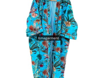Blue Floral Velvet Kimono Robe: Indian Cotton, Boho Duster