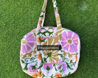 Bolso de hombro de algodón con bordado floral hecho a mano: un bolso hippie ecológico