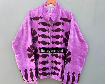 Chaqueta corta de terciopelo bordada Suzani, hecha a mano, estilo bohemio hippie