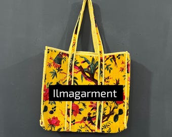 Bolso tote de terciopelo con estampado de pájaros indios: bolso de hombro de algodón hecho a mano