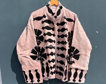 Handcrafted Embroidered Velvet Jacket, Unisex Pink Winter Coat