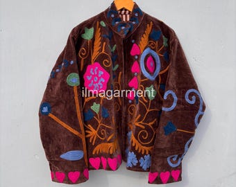 Brownish Velvet Suzani Jacket, Uzbek Embroidery Jacket Coat, Handmade Winter Jacket, Boho Hippie Jacket, Women's Casual Jacket,