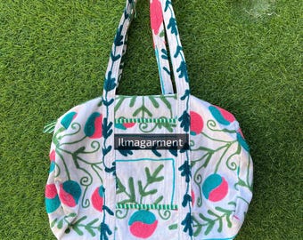 Bolso de mano de algodón con bordado de flores hecho a mano: bolso de hombro hippie