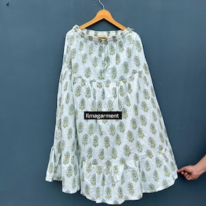 Summer Printed Cotton Skirt Elastic waist long Floral Skirt, Two side pocket Skirt,, Women White Cotton Long Skirt, Handmade Tiered Skirt,