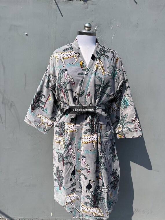 Robe Kimono de Veludo com Estampa de Selva: Robe de Algodão para