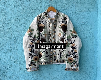 Handmade Suzani Embroidered Cotton Jacket: Indian Floral Short Coat