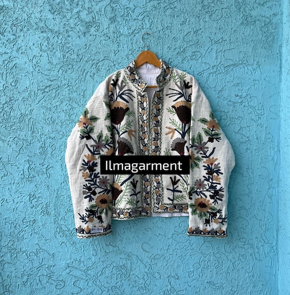 Veste Kimono Indien Femme Brodée Main – Suzani Vintage, 100% Coton, Taille Unique, Multicolore