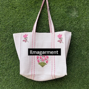Quilted Solid Cotton White Block Print Duffle Tote Bags, Tote Shopping Bags, Travel Bag, Hand Bag, Beach Wear Bag, Women Feminist Bag,