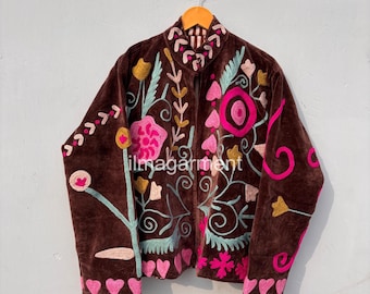 Floral Velvet Embroidery Jacket Coat, Hand Stitch Winter Jacket, Unisex Party Wear Coat, Boho Chic Jacket, Hippie Style Coat, Gifts For Her,