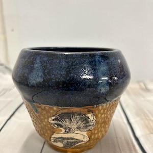 May include: A blue and brown ceramic mug with a mushroom design. The mug has a speckled blue glaze and a brown glaze with a textured pattern. The mushroom design is in white and brown.