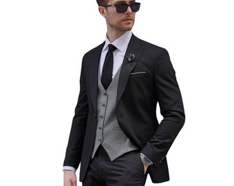 Black Slim Fit Mens Suit, 3 Piece Wool Suit , Dinner Suit, Wedding Suit, Tuxedo suit, Party Suit, Groom Wear And Groomsmen Black&Gray Suit