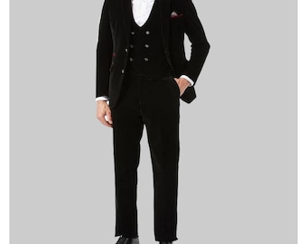 Black velvet 3 piece wedding suit for men